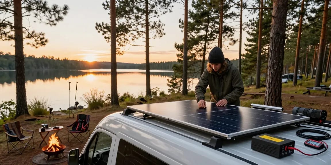 Working on rokok 88 campervan solar installation at sunset.