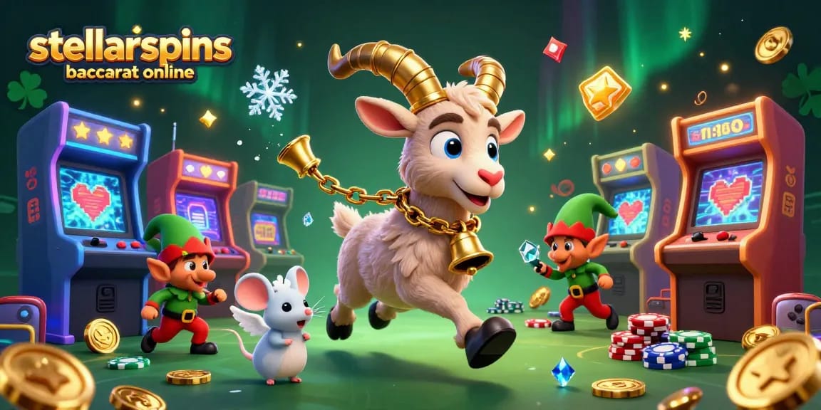 Engage in stellarspins baccarat online with a dynamic 3D casino scene full of festive characters and sparkling game elements.