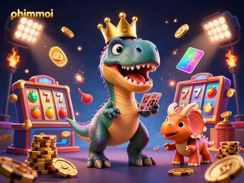 Phimmoi showcases an exciting 3D scene of cartoon dinosaurs gambling, highlighting casino fun and action.