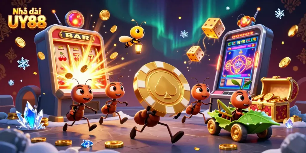 Experience excitement at Nhà cái UY88 with a thrilling cartoon illustration of ants carrying a giant poker chip.