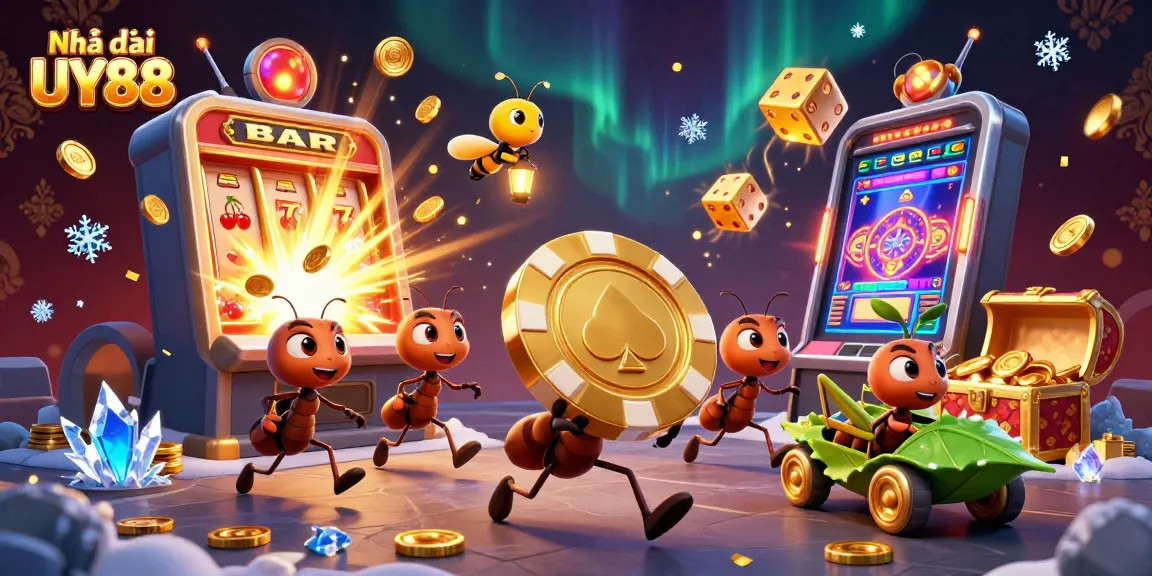 Experience excitement at Nhà cái UY88 with a thrilling cartoon illustration of ants carrying a giant poker chip.