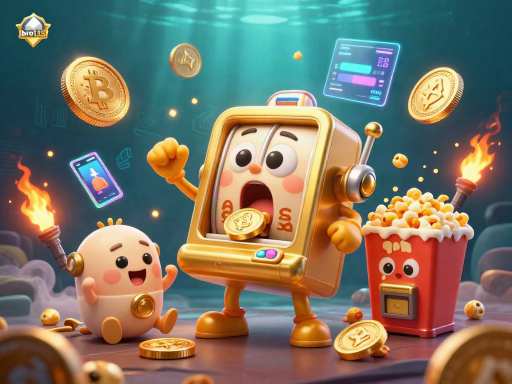 Spin to win with bro138's thrilling jackpot scene featuring a golden slot machine and cheering companions.