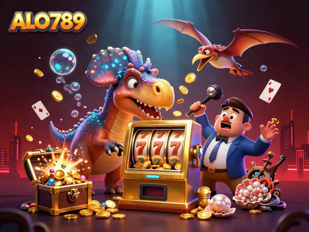 ALO789 rolls the jackpot as a dinosaur celebrates the casino's big win!