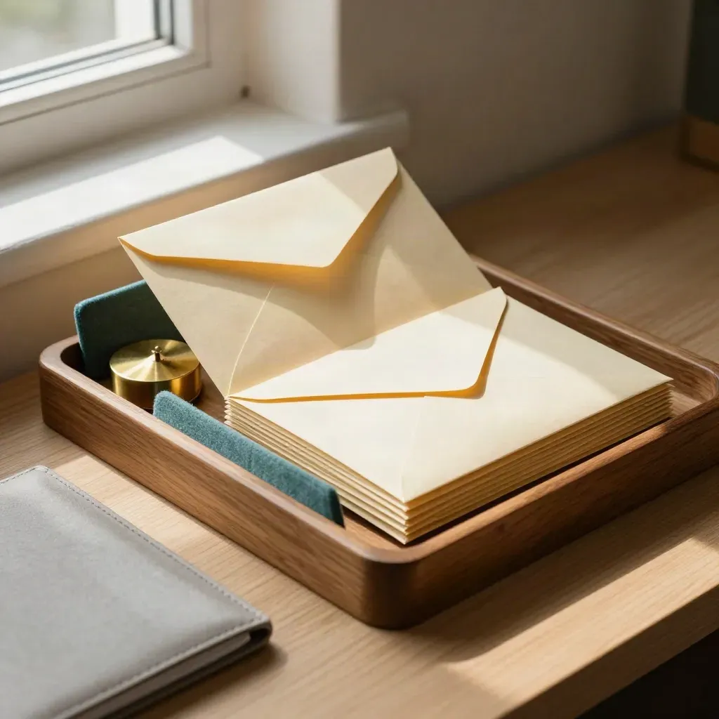 Budgetbeheer-opstelling met enveloppen, sorteerbak en brass paperweight in warm daglicht.