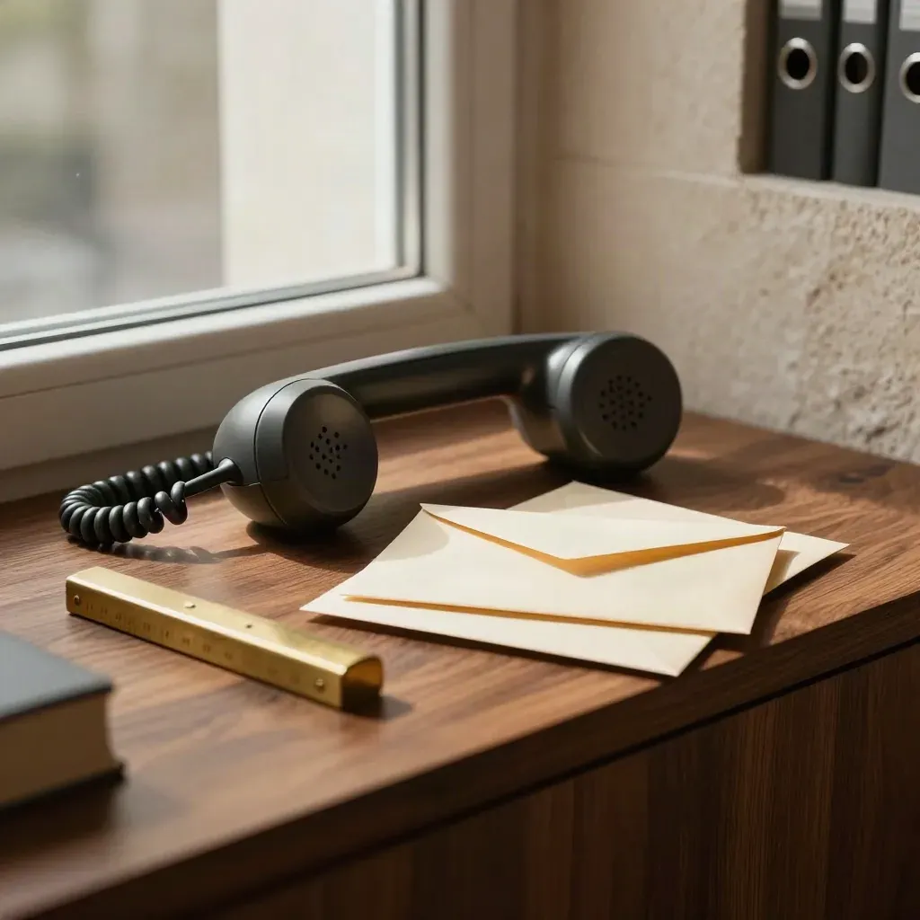 Matte telefoon met gesloten enveloppen en brass clip op warme houten rand