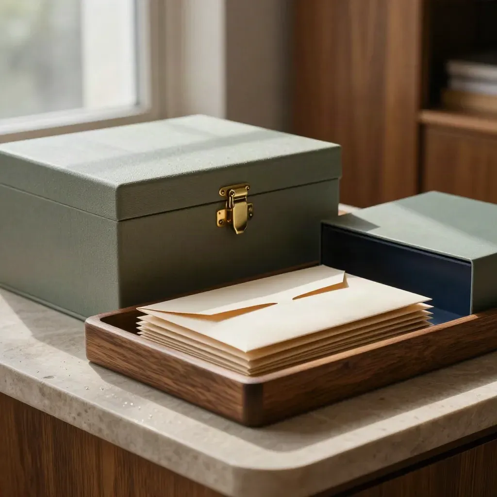 Archiefbox, enveloppen en sorteerlade in warm ochtendlicht op eikenhout en pale stone.