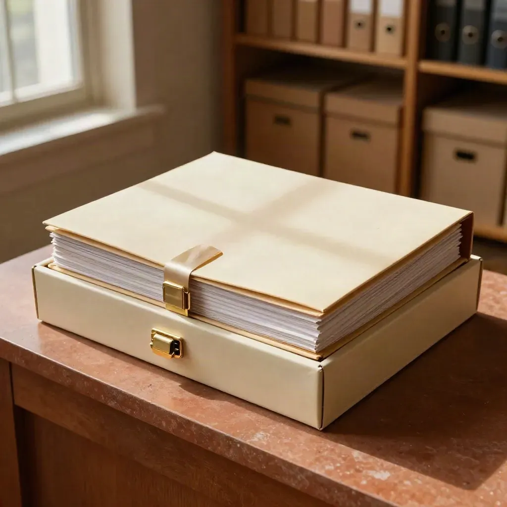 Rechtbankdossier in crèmekleurige bewaardoos met lint en goudkleurige clip in stille archiefruimte.