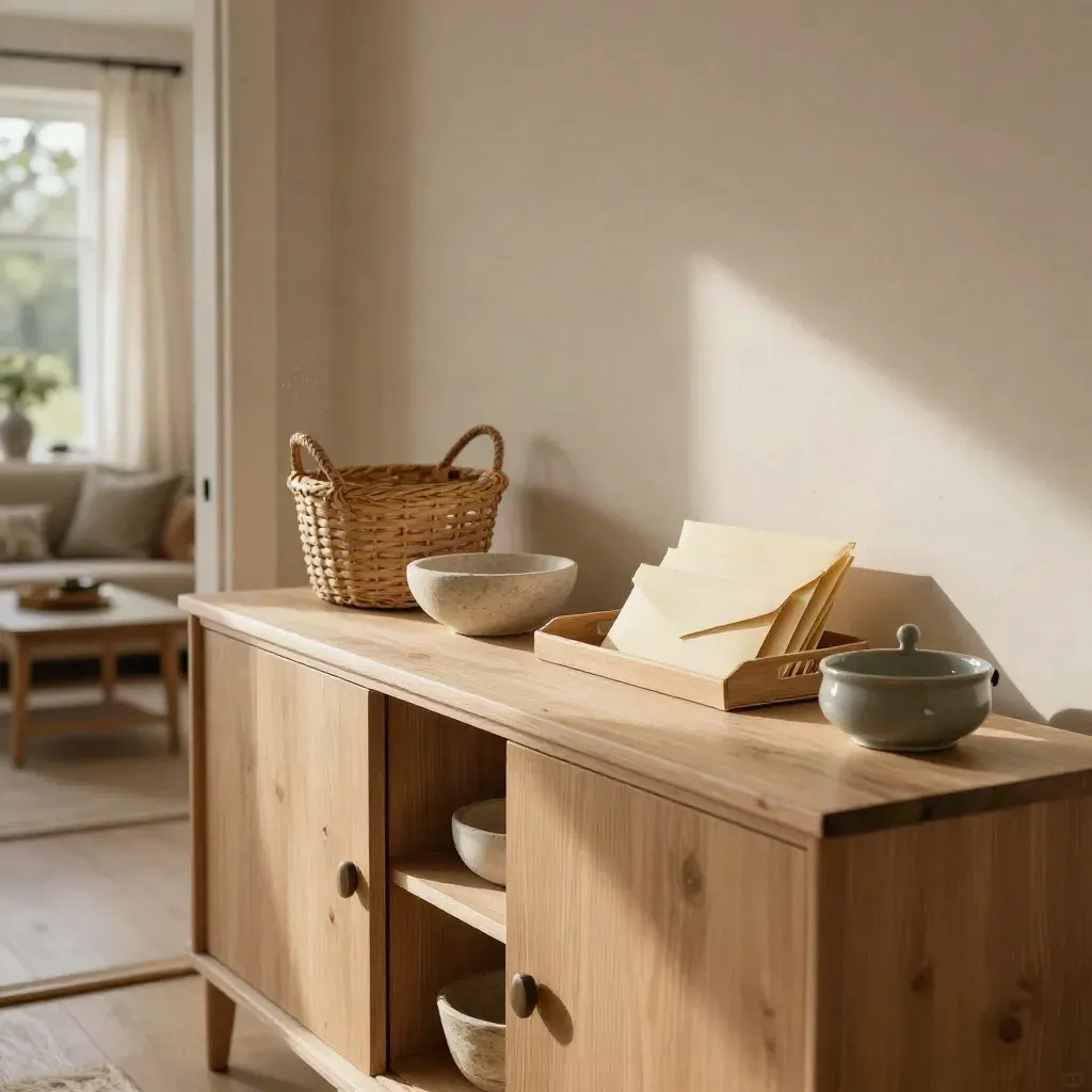 Sideboard met betaalde enveloppen, postlade, boodschappenmand en sleutelkom in warm raamlicht.