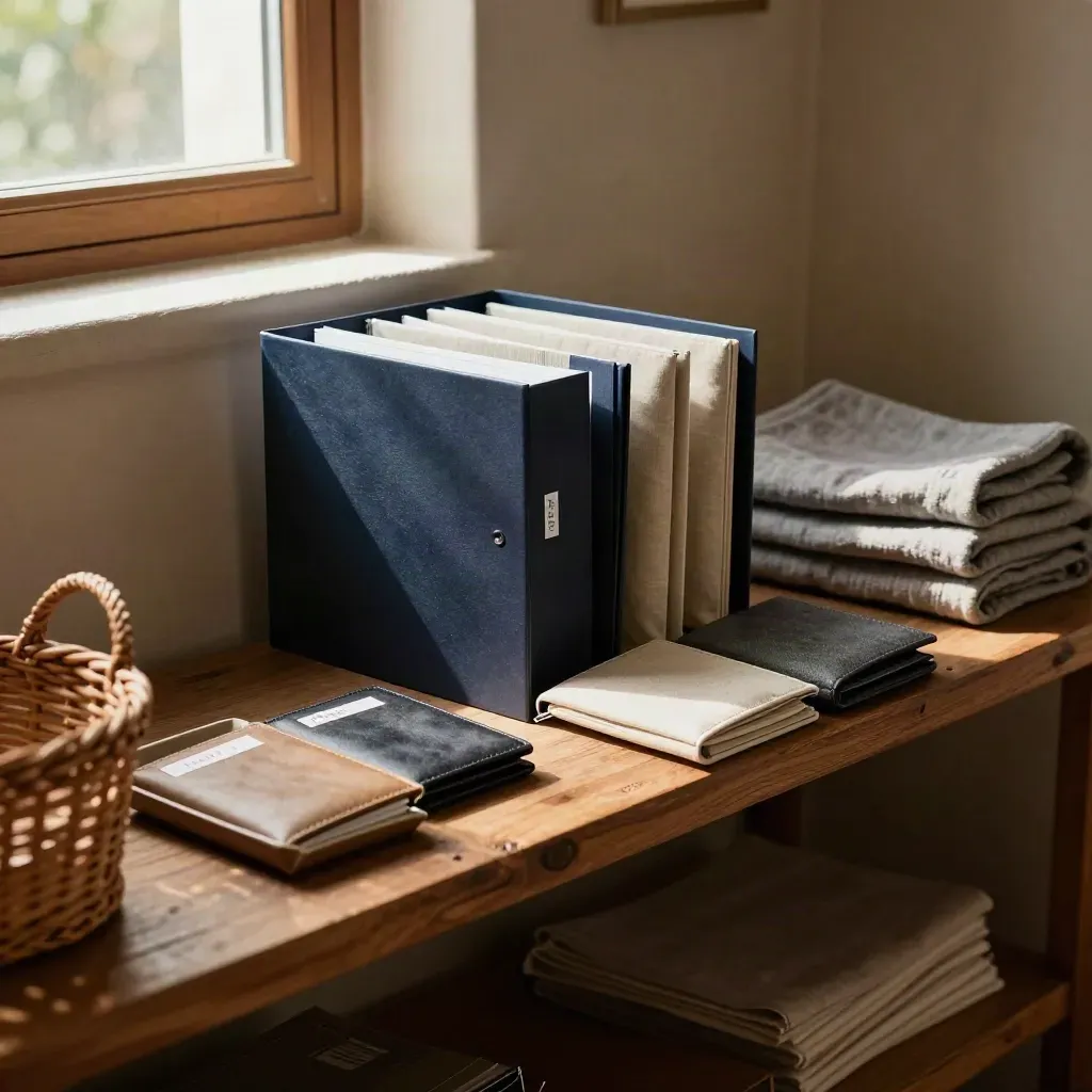 Houten plank met belastingmap, maandpouches en huurdocumenten in warm zonlicht