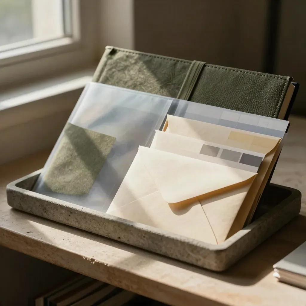 Transparante mapjes, gesloten grootboek en enveloppen in een lage stenen tray voor inkomensplanning