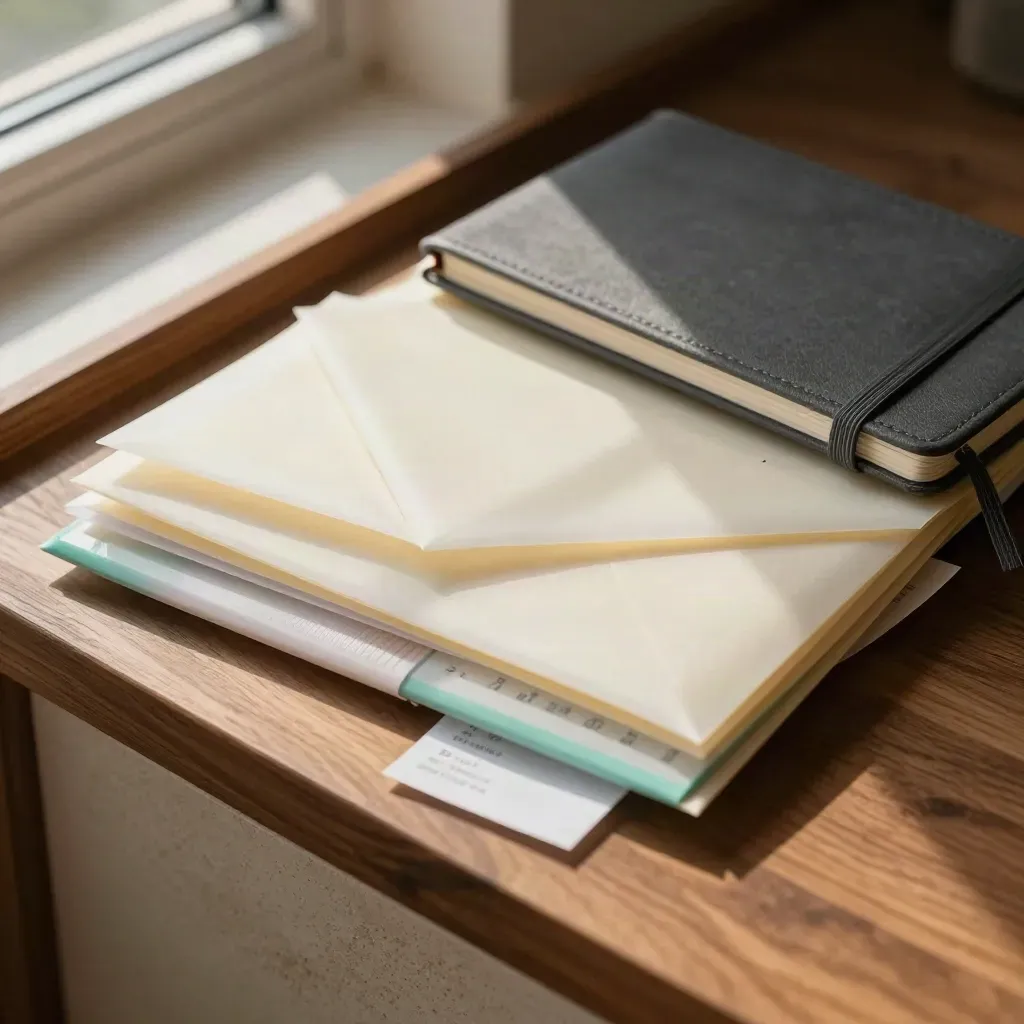 Transparante budgetenveloppen en een gesloten pocketnotitieboek op een warm houten oppervlak.
