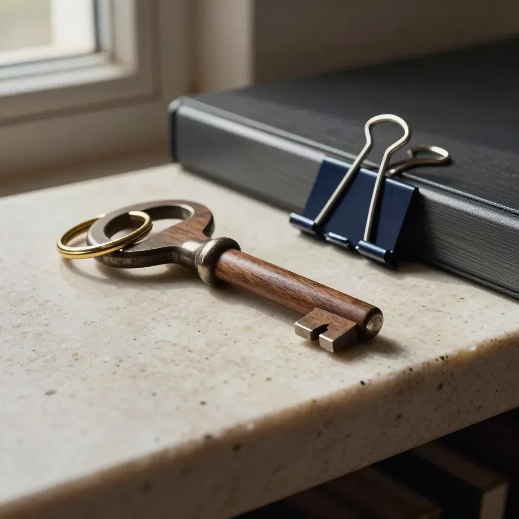 Archiefsleutel, brass ring en binderclip op travertin in dramatisch licht.