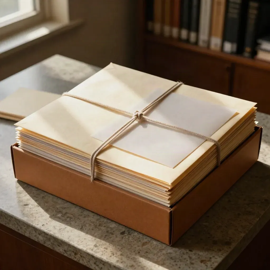 Archiefdoos met crèmekleurige dossiers en verzegelde enveloppen op een stenen balie.
