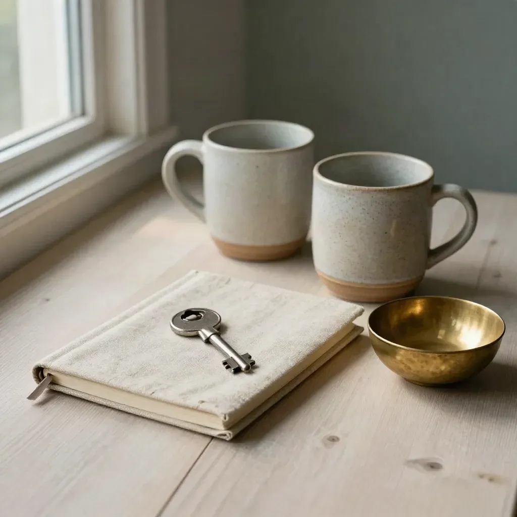 Welkomsopstelling met twee mokken, gesloten notitieboek, sleutel en brass schaal op licht hout.