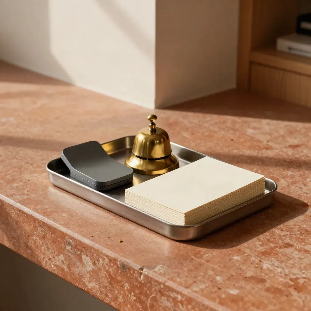 Bovenaanzicht van telefooncradle, bel en kaartjes op een terracotta werkplek.