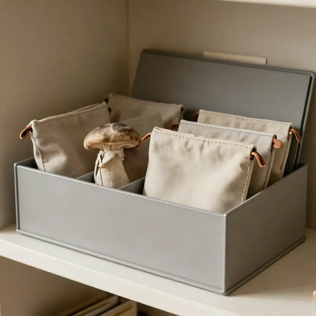 Vier stoffen pouches, een gesloten map en sorteervak op een lichte plank in zacht daglicht.