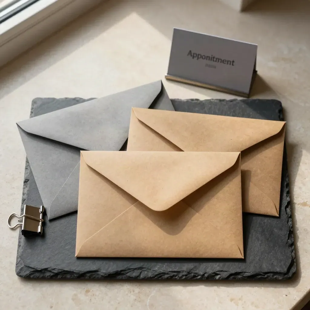 Overhead flatlay van enveloppen, slate tray en planhouder op lichte steen.