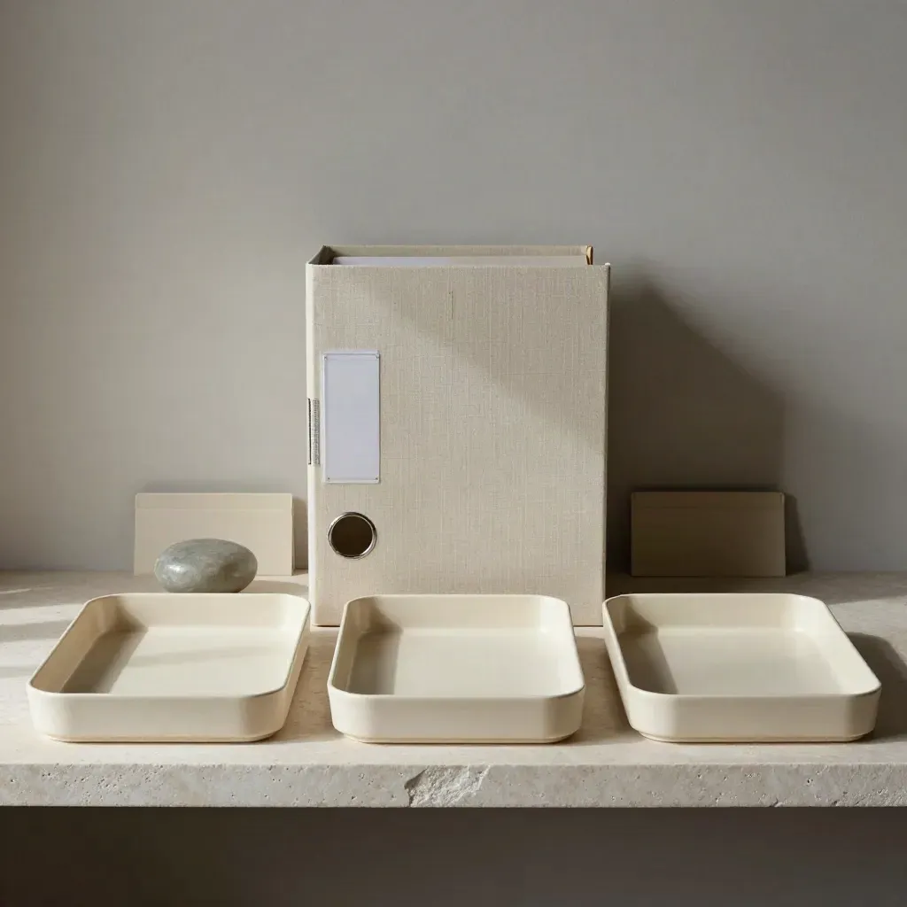 Drie roomkleurige trays, een gesloten binder en een stenen paperweight op een lichte steenplank.