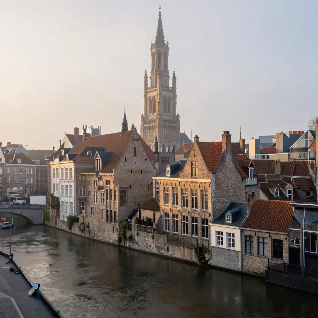 Domtoren boven mistig water en stille Utrechtse gevels in zachte ochtendzon.