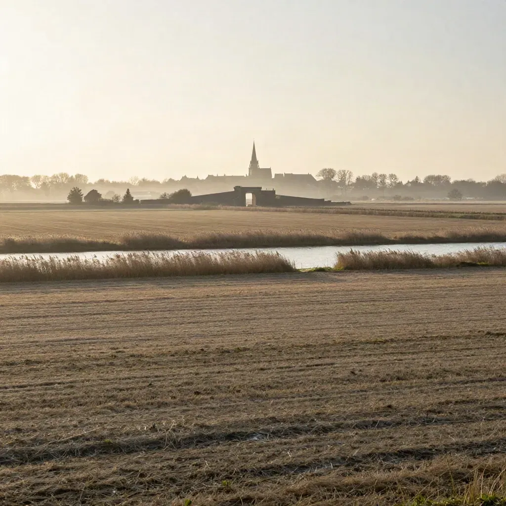 De Koppelpoort boven open Eemlandse polder in gouden ochtendmist.