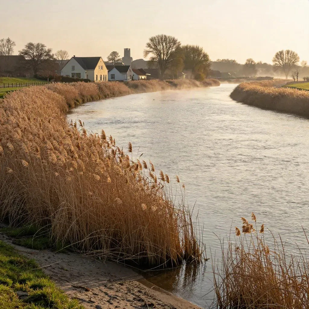 Vechtbocht bij gouden avondlicht met riet, buitenhuis en kerktoren in de verte.