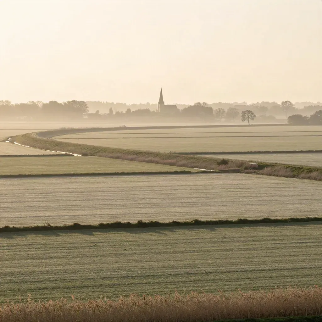 Hoge polderlucht boven Midden-Utrecht met dijk, weiden en een verre kerktoren in de mist