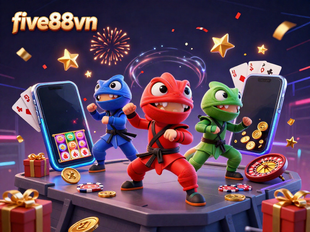 Engage with five88vn’s thrilling casino world featuring ninja chameleons in vibrant colors among a burst of gaming symbols.