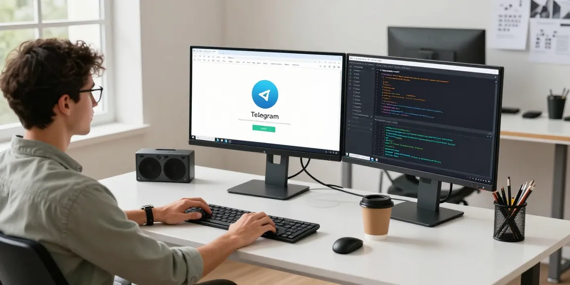 Download Telegram app in a modern tech workspace, showcasing coding and software development.