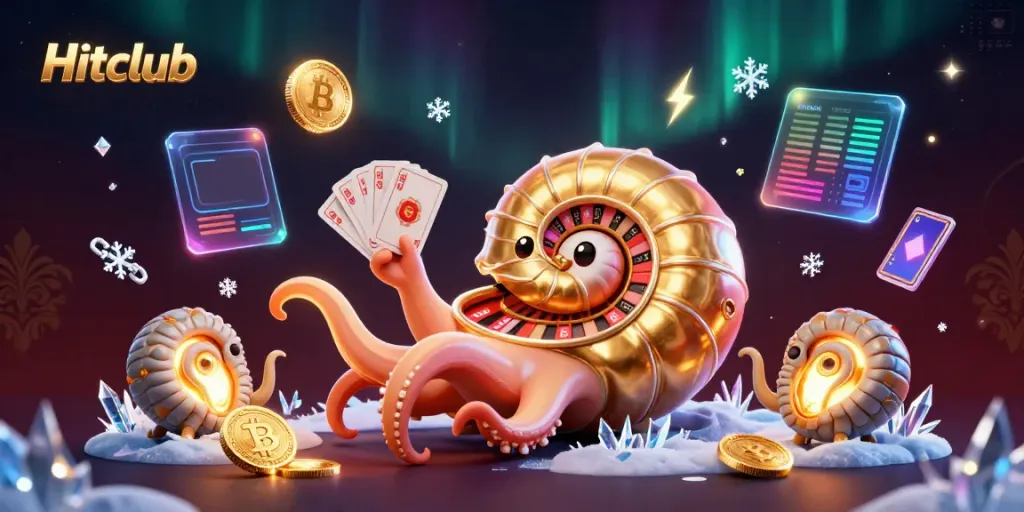 Hitclub features a 3D nautilus roulette and cards in a vibrant digital casino environment.