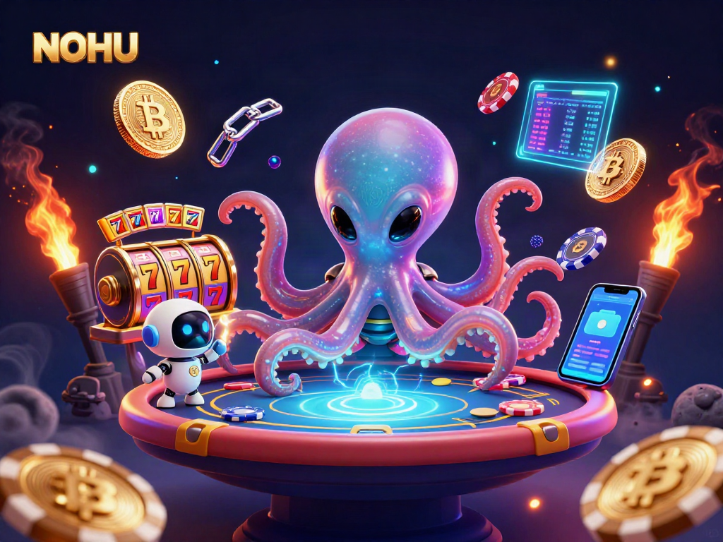 Engage in jackpot thrills with NOHU's vibrant casino-inspired illustration featuring an alien octopus.