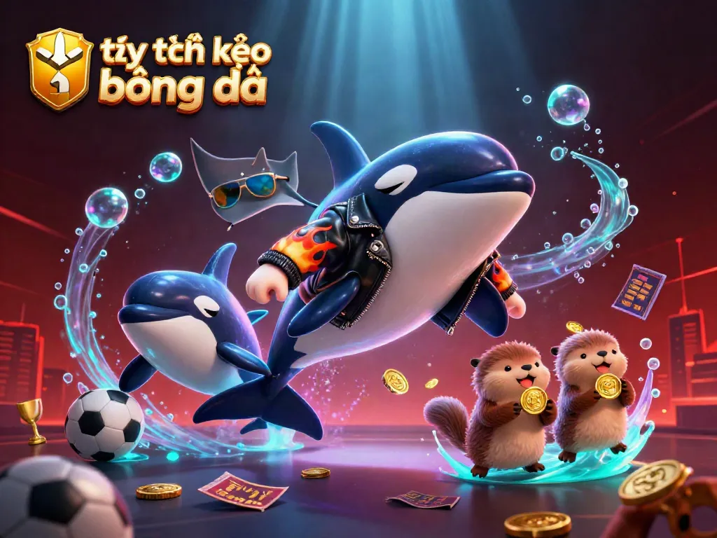 Engaging sports betting scene with orca and stingray representing tỷ lệ kèo bóng đá, surrounded by vibrant game elements.