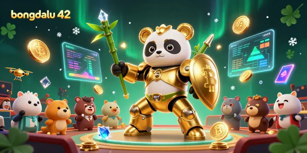 Experience the excitement of bongdalu 42 with an energetic illustration of a golden panda pilot in a thrilling arena.