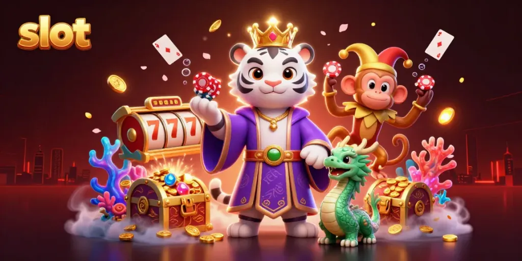 Engage with thrilling slot adventures featuring a majestic tiger, playful monkey, and vibrant casino elements.