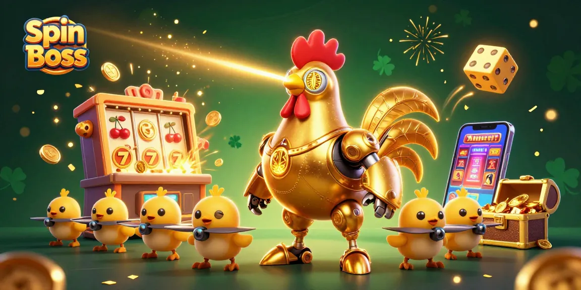 Spin Boss casino experience with a vibrant golden rooster robot and exciting game elements