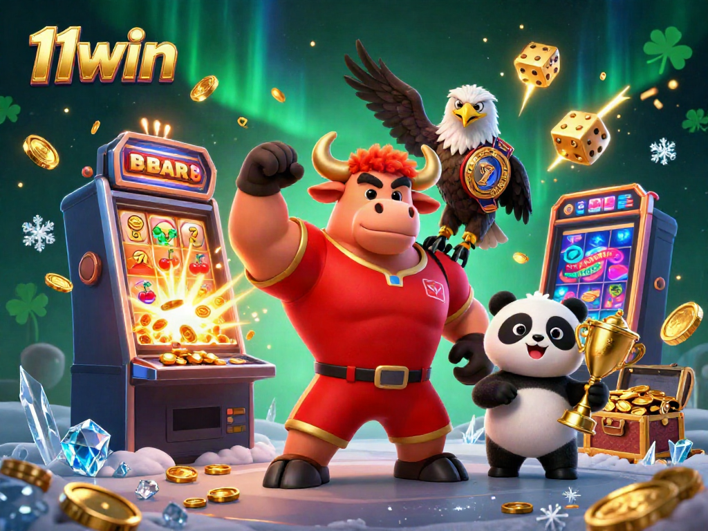 Join the excitement at 11win with a celebration of casino wins featuring a muscular bull mascot and friends.